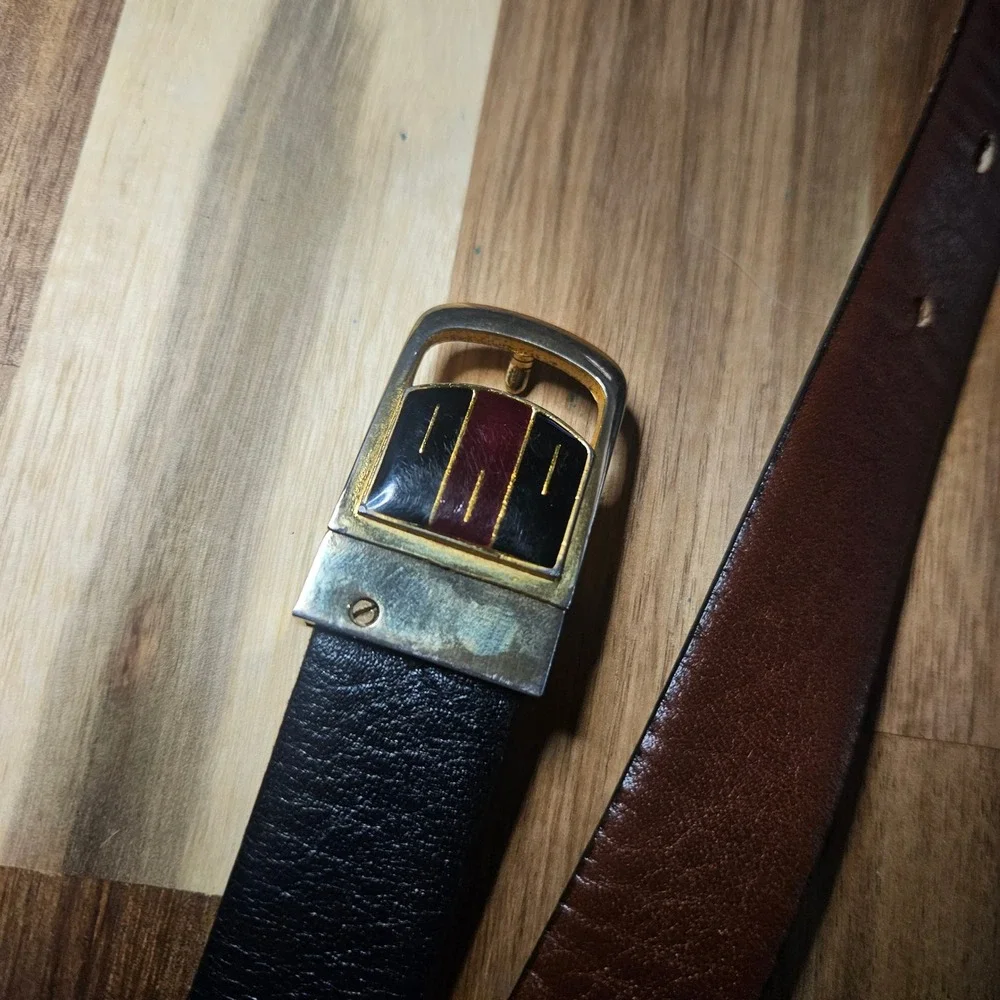 Vintage Reversible Belt Made in Spain Black Brown Gold Shield Buckle 36